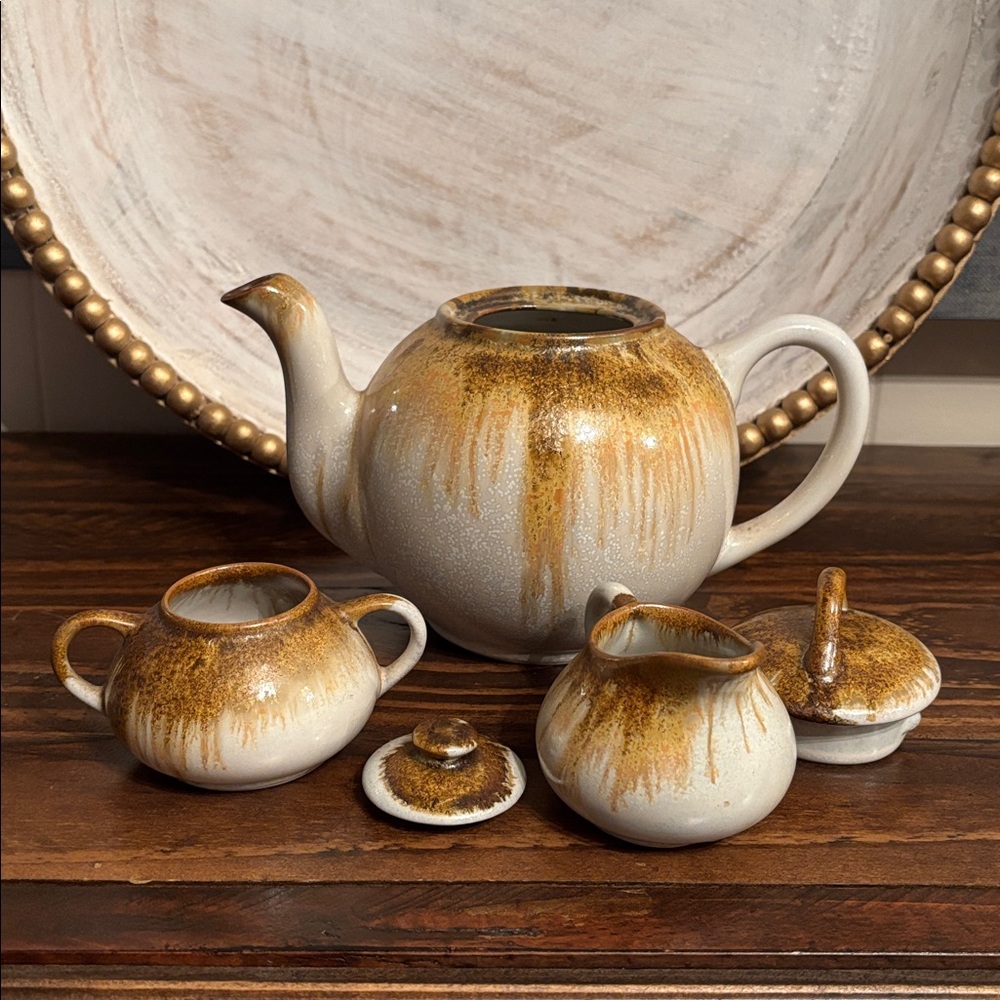 Vintage Douglas Ferguson Pigeon Forge Pottery Rustic Tea Set Brown & Cream - Picture 4 of 12